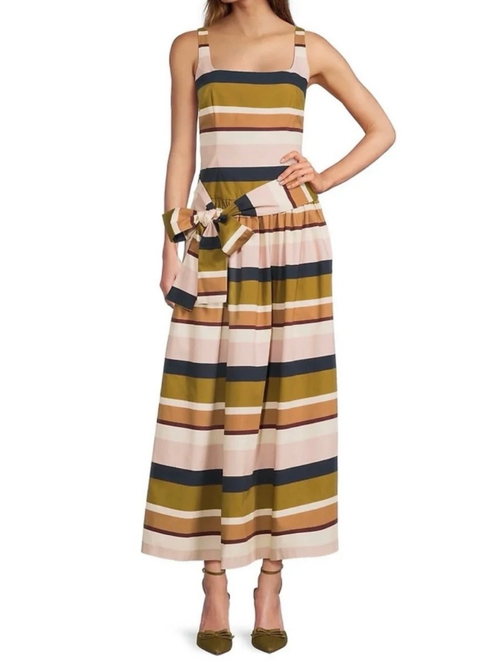 ANTONIO MELANI Chartreuse Navy Cream Striped Sleeveless Midi Dress